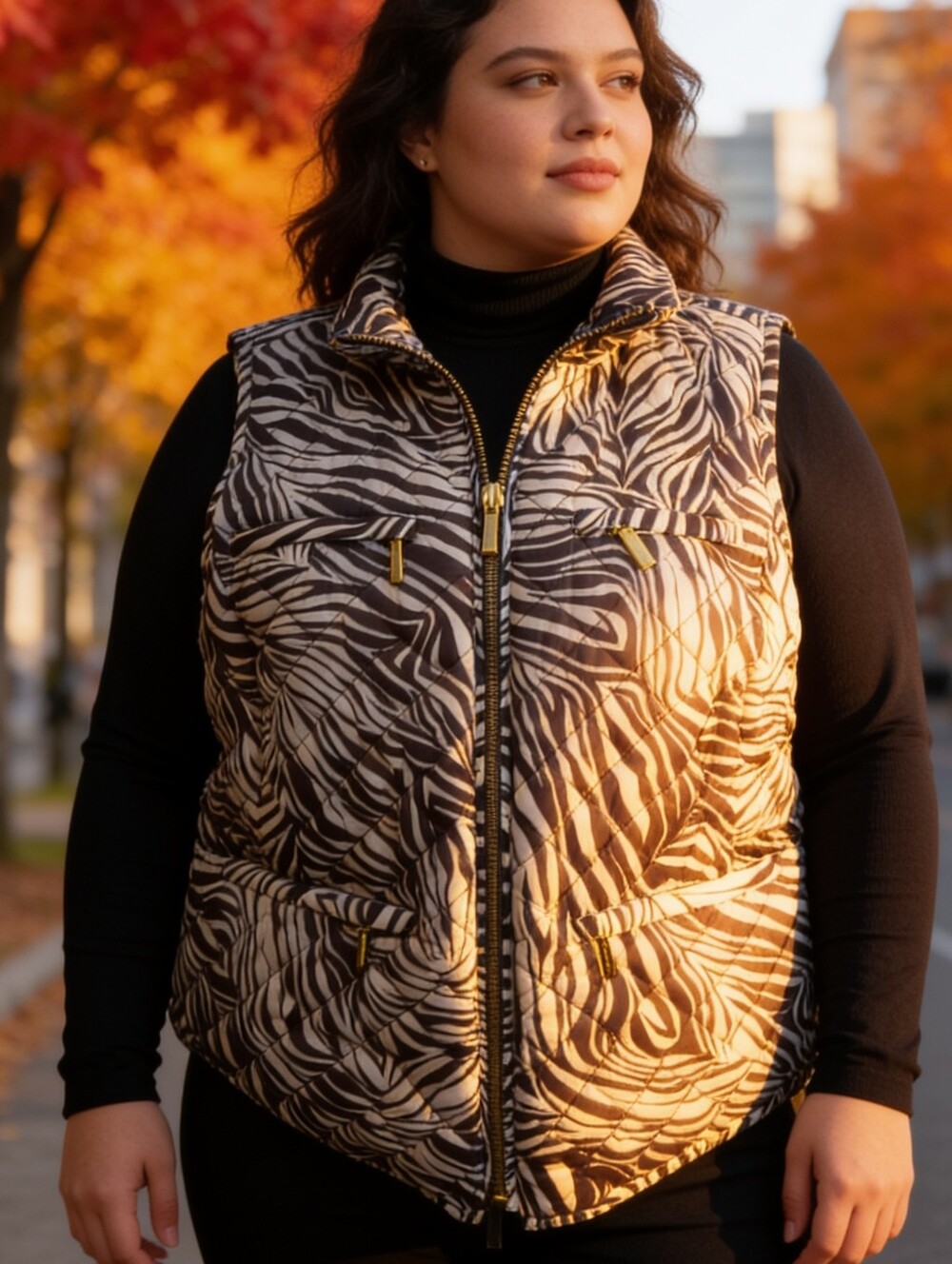 Michael Kors NWT Zebra Print Quilted Puffer Vest Chocolate Brown 1X